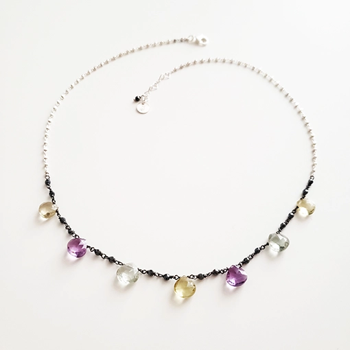Collier ras du cou en argent massif avec quartz multicolores réglable, bijou artisanal pour femme