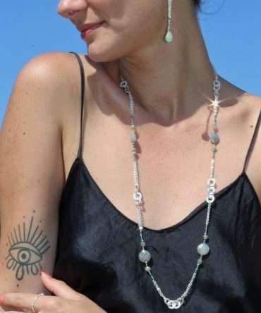 Collier sautoir argent massif labradorite turquoise "Je regarde" 4