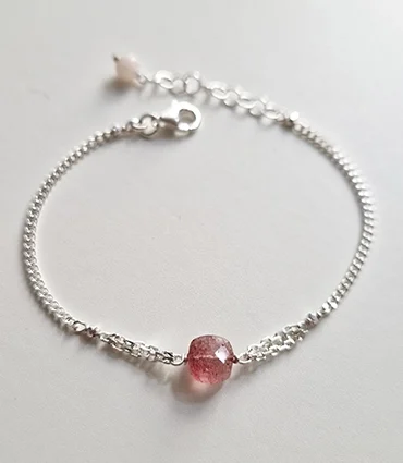 bracelet argent massif reglable pierre naturelle rose quartz fraise bijou artisanal pour femme