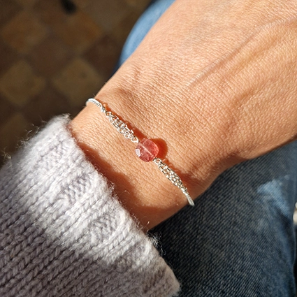 bracelet argent massif reglable pierre naturelle rose quartz fraise bijou artisanal pour femme